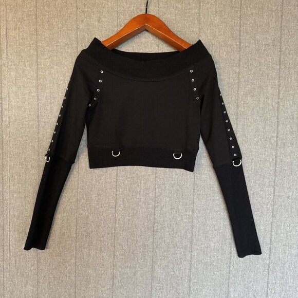 Kill Star She Shreds Black Cotton Off the Shoulder Long Sleeve Crop Top Size XS - Picture 1 of 15
